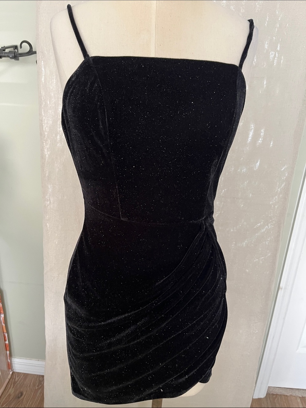 Black Sparkle Velvet Spaghetti-Strap Mini Dress